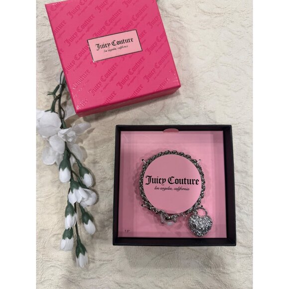 Juicy Couture Silver-Tone Chain Bracelet With Crystal Heart Lock Charm  Pink Box - Picture 1 of 6